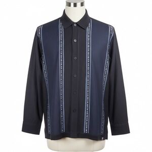 Silver Silk Men M Long Sleeve Knit Button Down Polo Shirt Mod Rockabilly Lounge